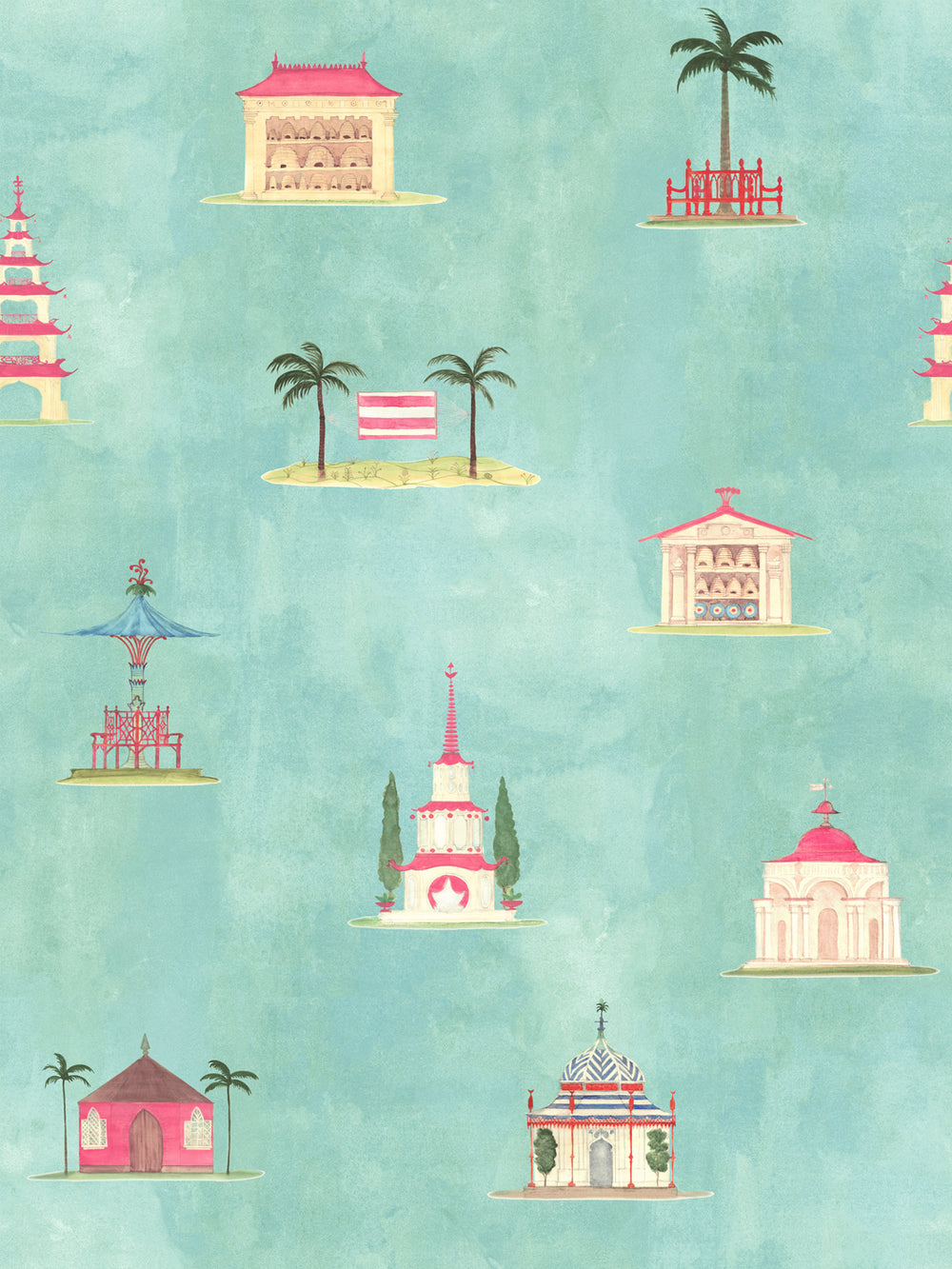 Aqua blue wallpaper with small red pagodas, towers, and flags on pale background