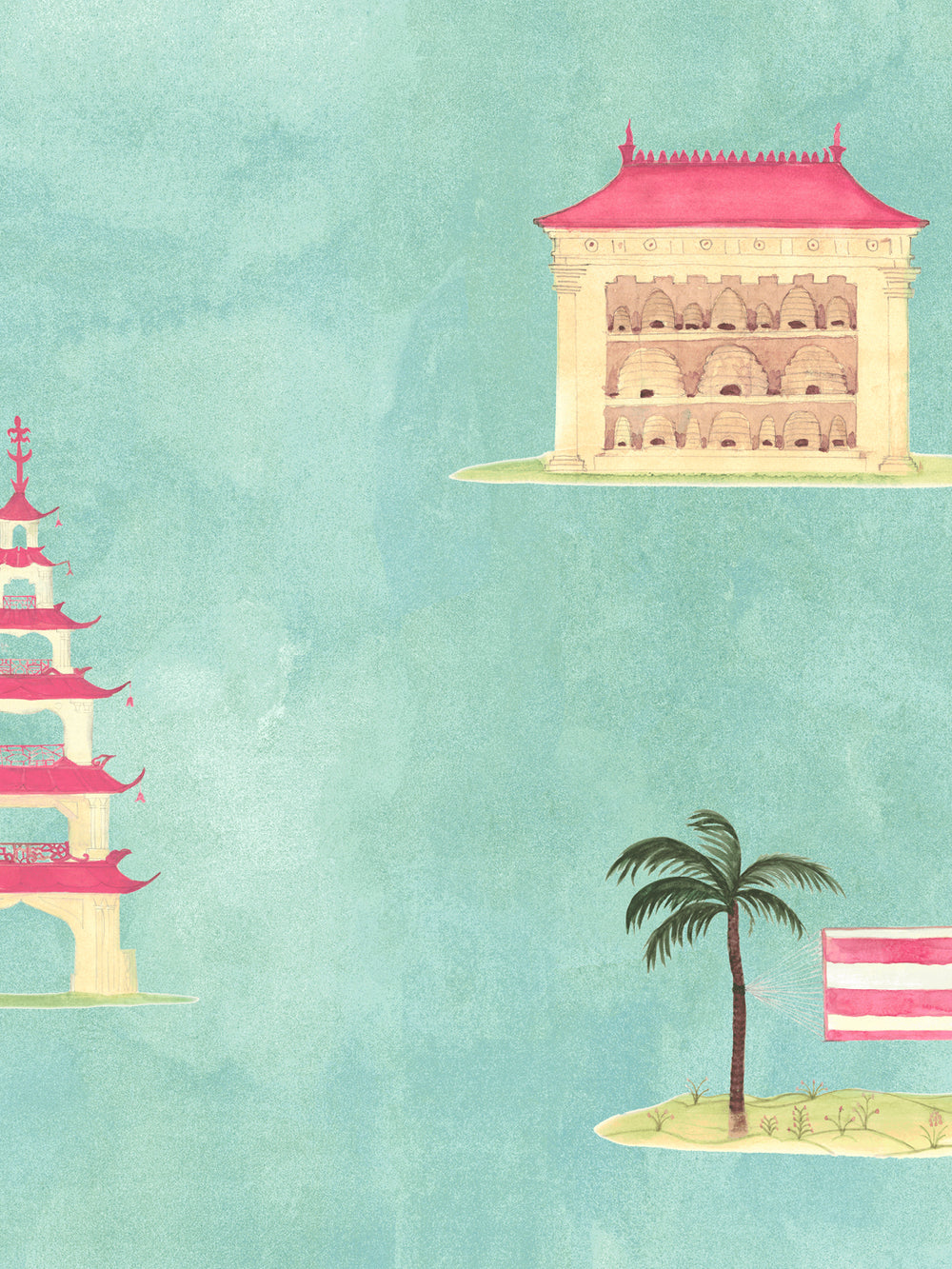 Wallpaper pattern with large tan building, pink roof, palm tree, and small flag