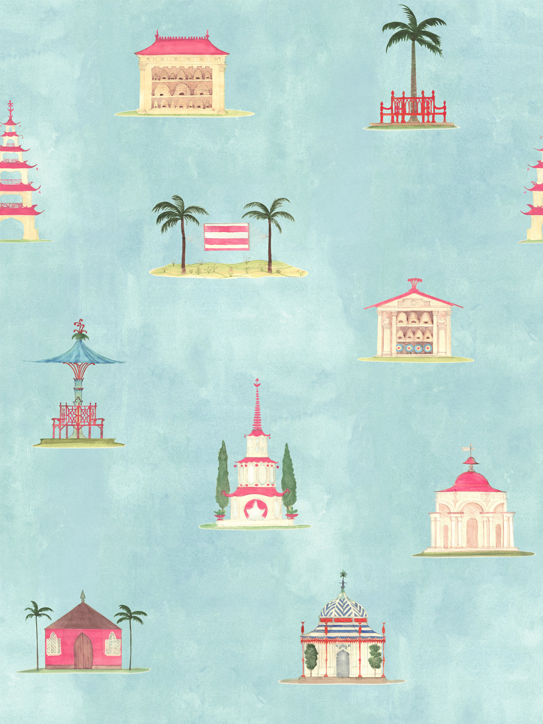 Blue wallpaper with repeating illustrated temple and palace motifs, flags and palm trees