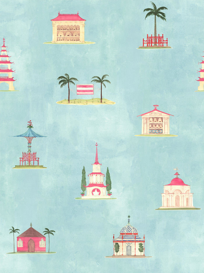 'Garden Follies Open Repeat' Wallpaper by Mary Maguire - Blue