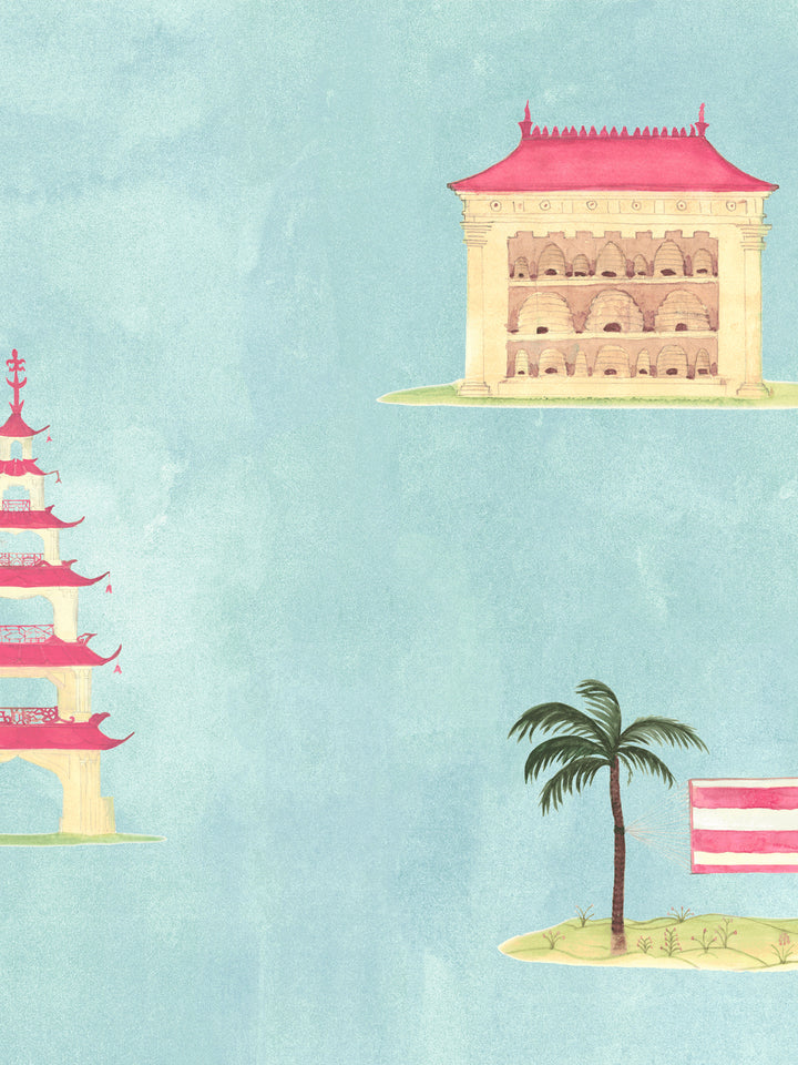 Blue wallpaper pattern with palace, temple buildings, flag, and palm tree illustration