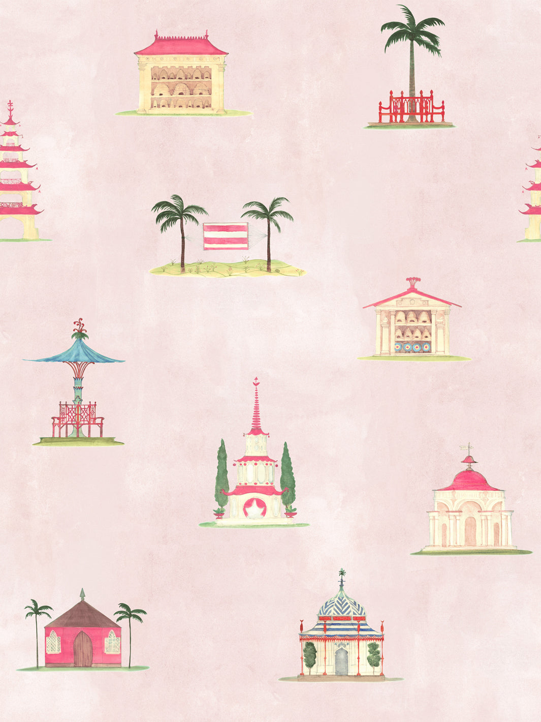 Blush wallpaper with repeating illustrated garden pavilions, lanterns, and flags