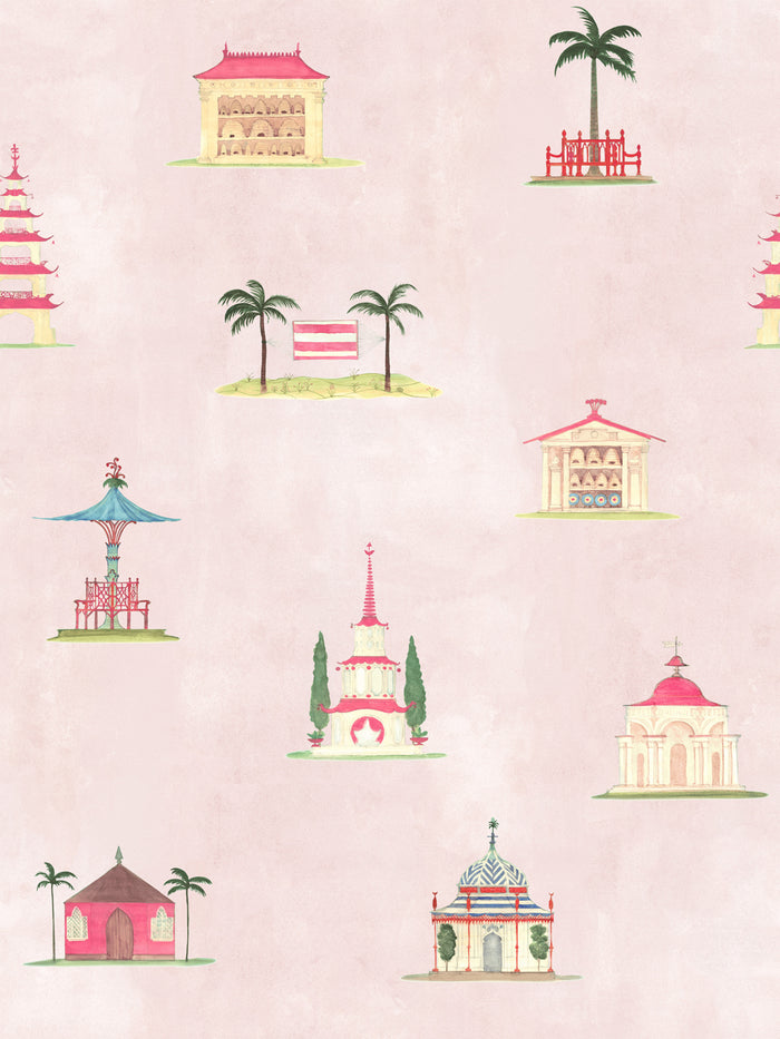 'Garden Follies Open Repeat' Wallpaper by Mary Maguire - Blush