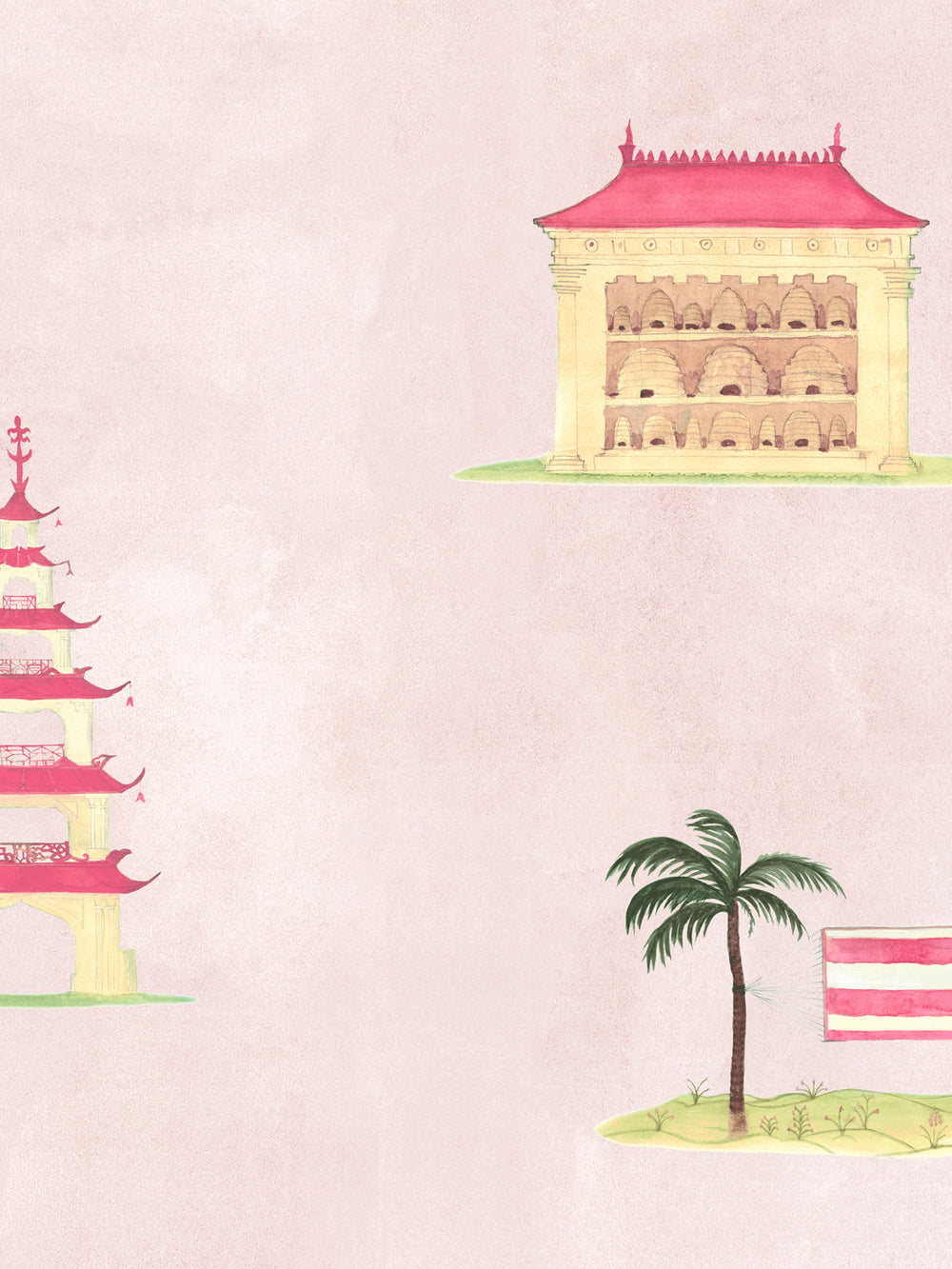 Blush wallpaper pattern with illustrated pagoda buildings and palm trees