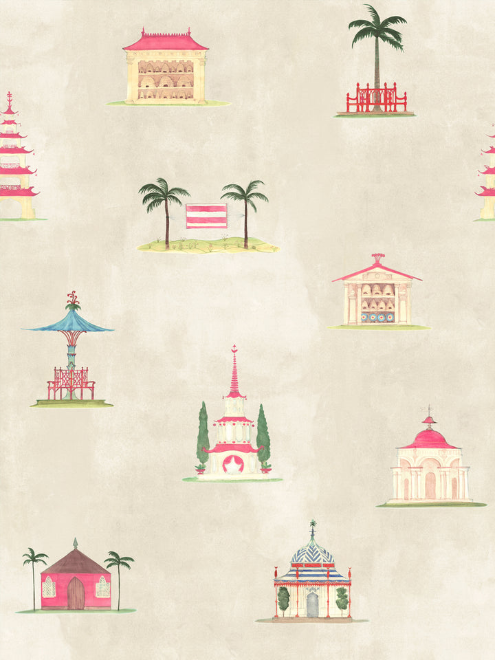 Garden theme wallpaper: repeating pagodas and temples in red/green/pink on parchment