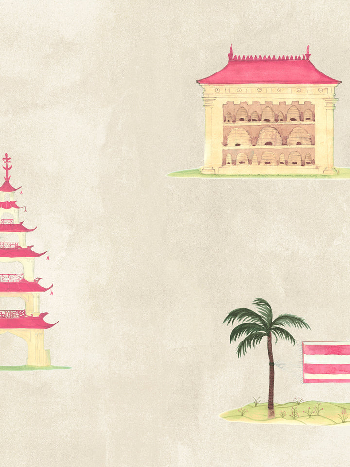 Repeating pagoda and temple design wallpaper in red, green, pink on parchment