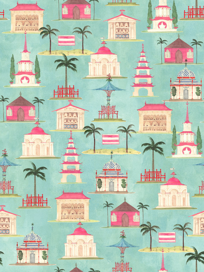 'Garden Follies' Wallpaper by Mary Maguire - Aqua Blue