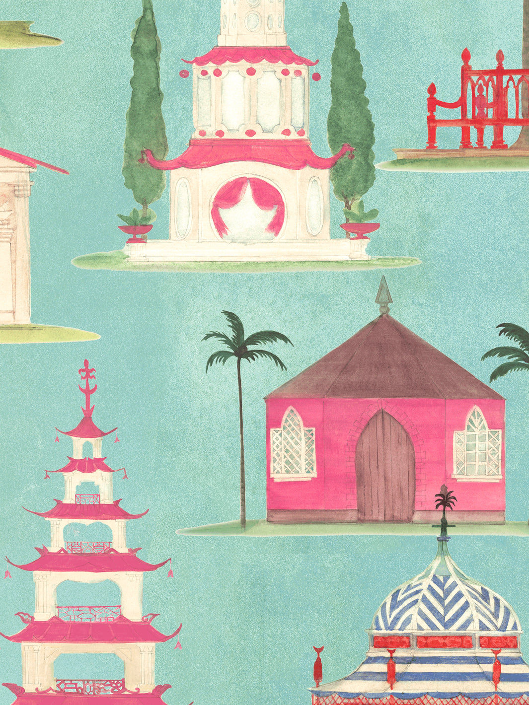 Aqua blue wallpaper with pink temple and red pagoda rooftops, trees, and lanterns