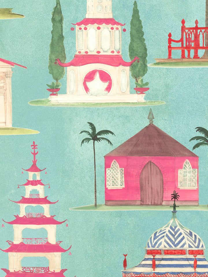 Aqua blue wallpaper with pink temple and red pagoda rooftops, trees, and lanterns