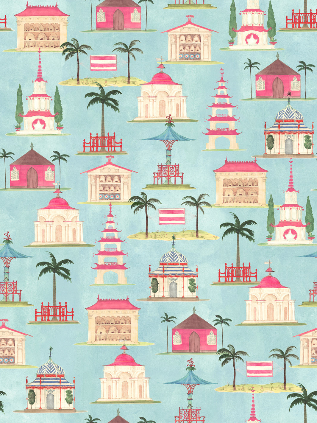 Blue wallpaper with repeating pink pagodas, lanterns, and palm trees pattern.