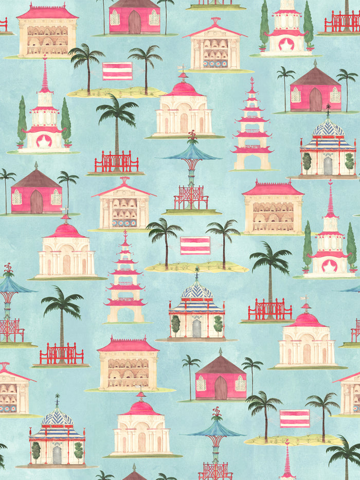 'Garden Follies' Wallpaper by Mary Maguire - Blue