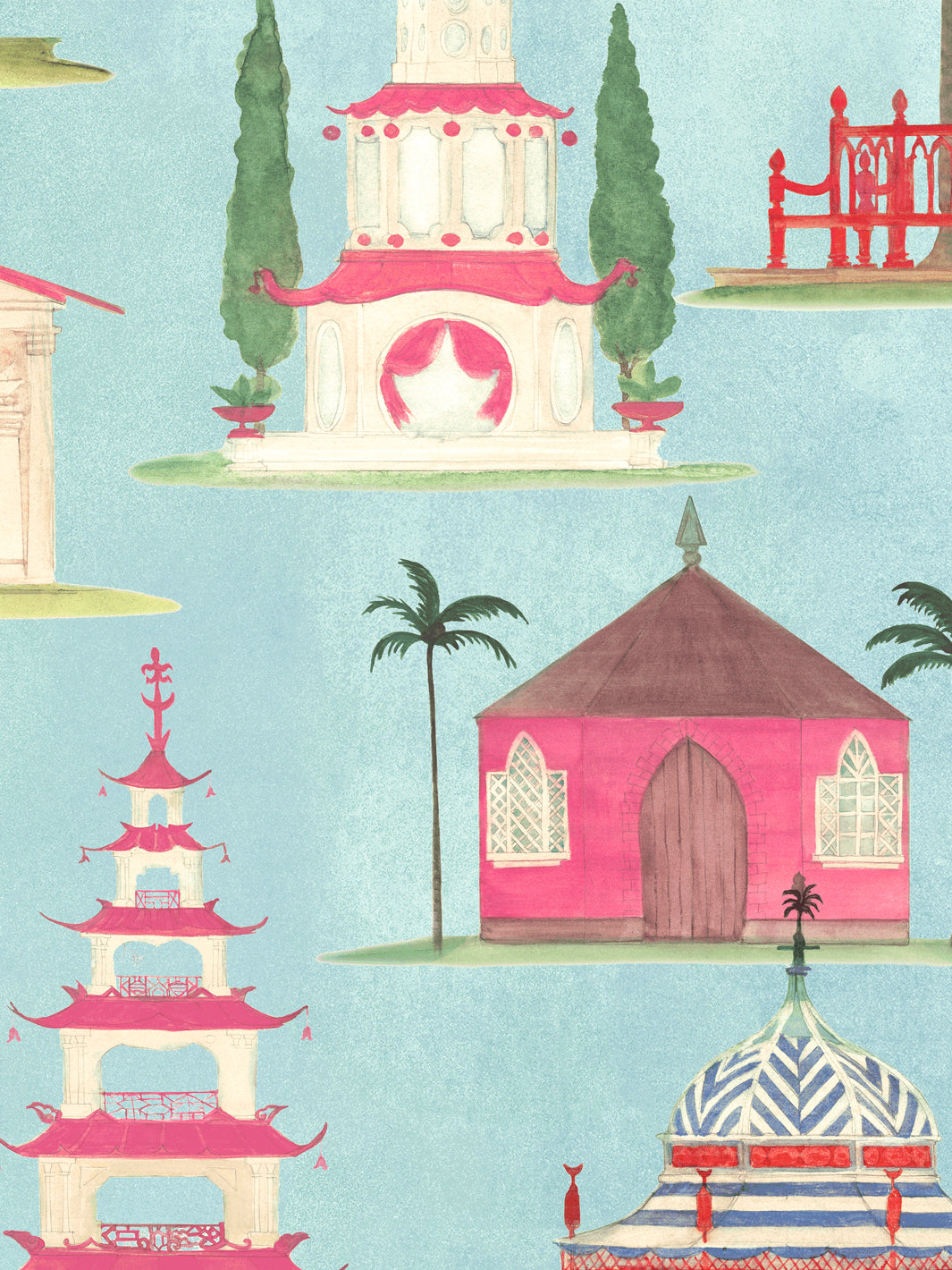 Blue wallpaper with pink tent and pagoda buildings, trees, and palm motifs.
