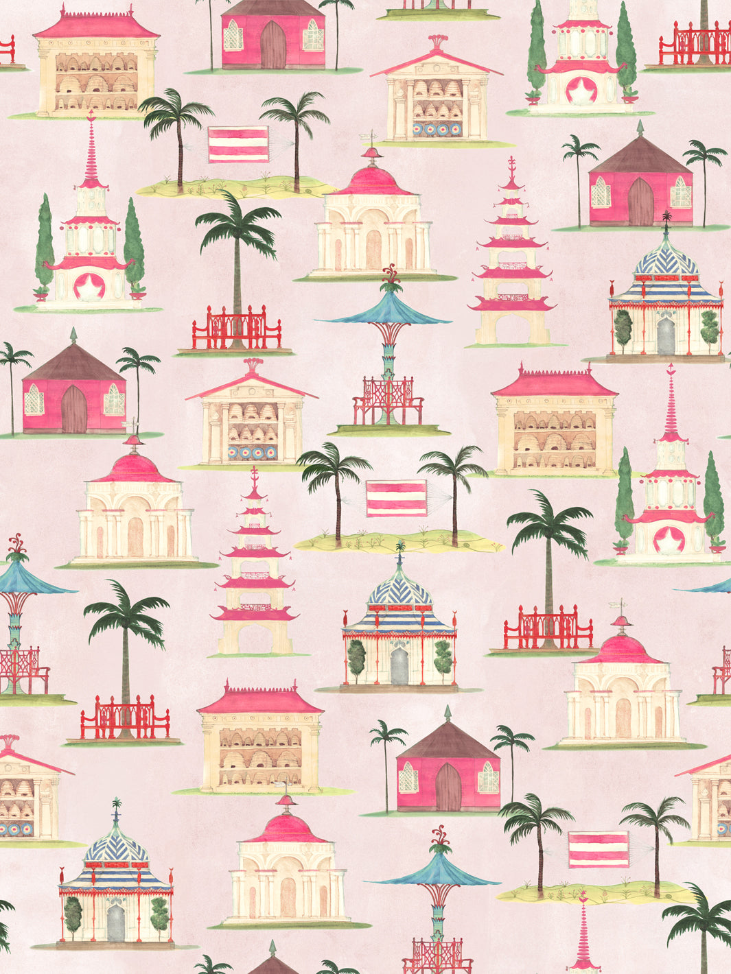 Blush pink wallpaper with repeating red, green and teal pagodas, lanterns and houses