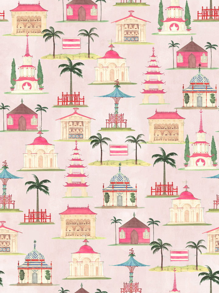 Blush pink wallpaper with repeating red, green and teal pagodas, lanterns and houses