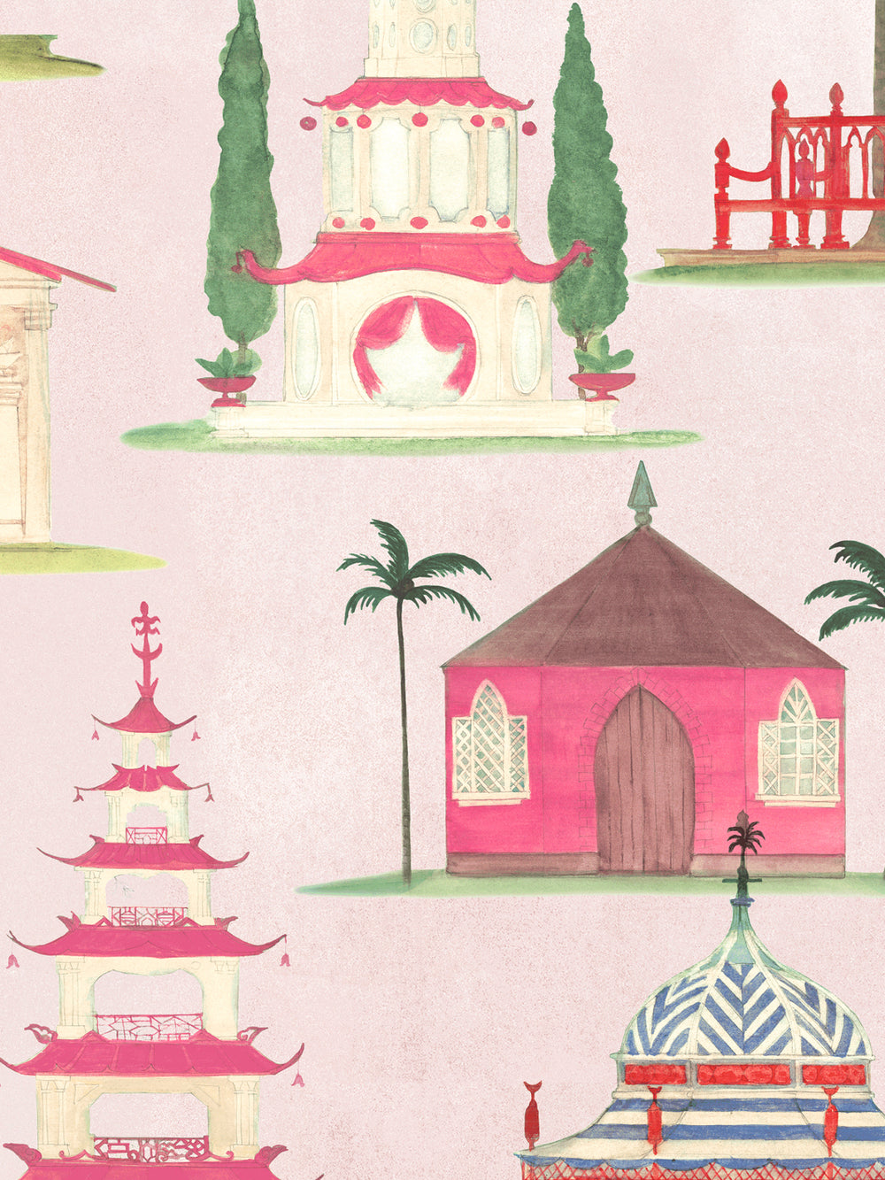 Blush pink wallpaper panel with red pagodas, a bell tower, green trees and palms