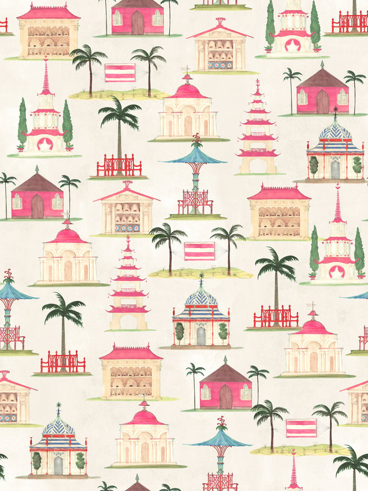 Ivory wallpaper with colorful pagodas, palm trees, and lanterns pattern