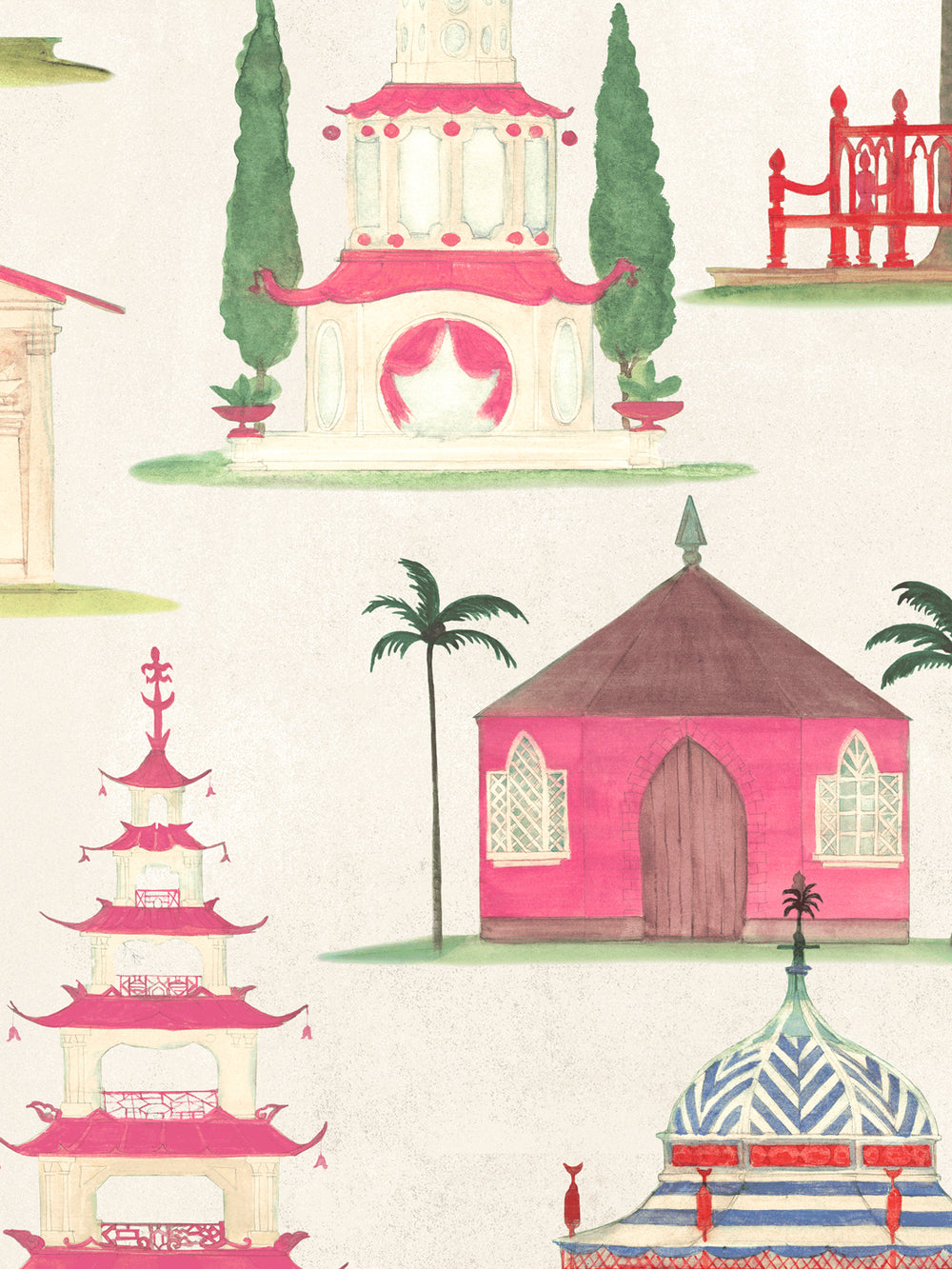 Ivory wallpaper with pink pavilion, blue domed roof, palms, and red boats