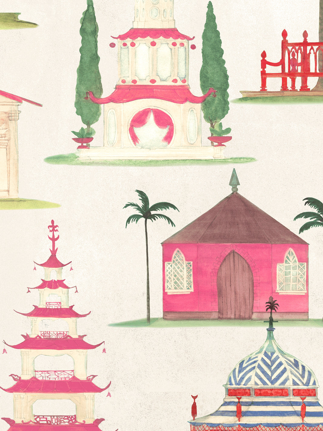 Ivory wallpaper with pink pavilion, blue domed roof, palms, and red boats