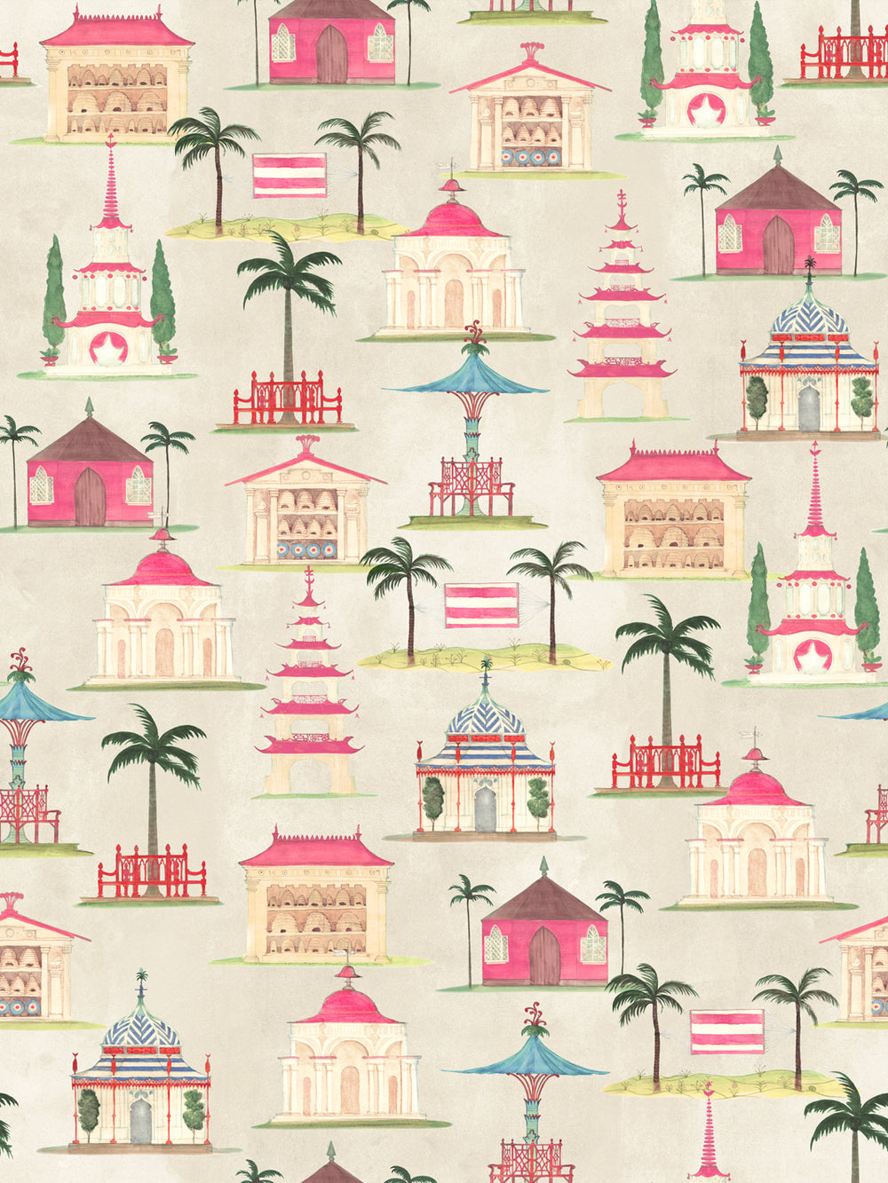Cream wallpaper with pink pagodas, palm trees, and red details