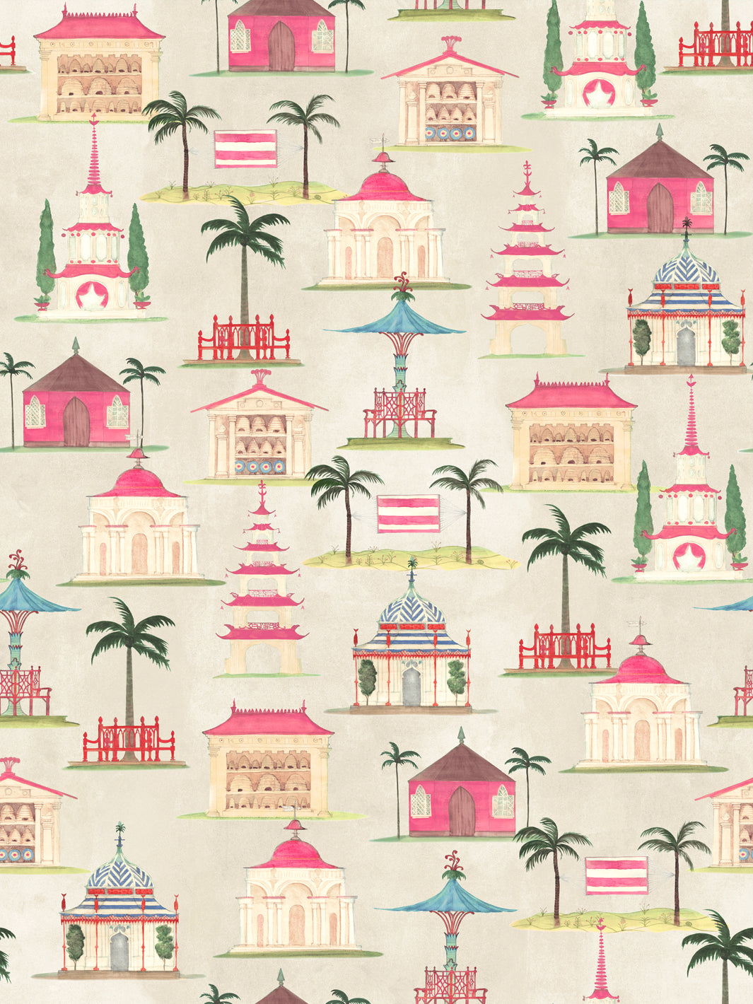 Cream wallpaper with pink pagodas, palm trees, and red details