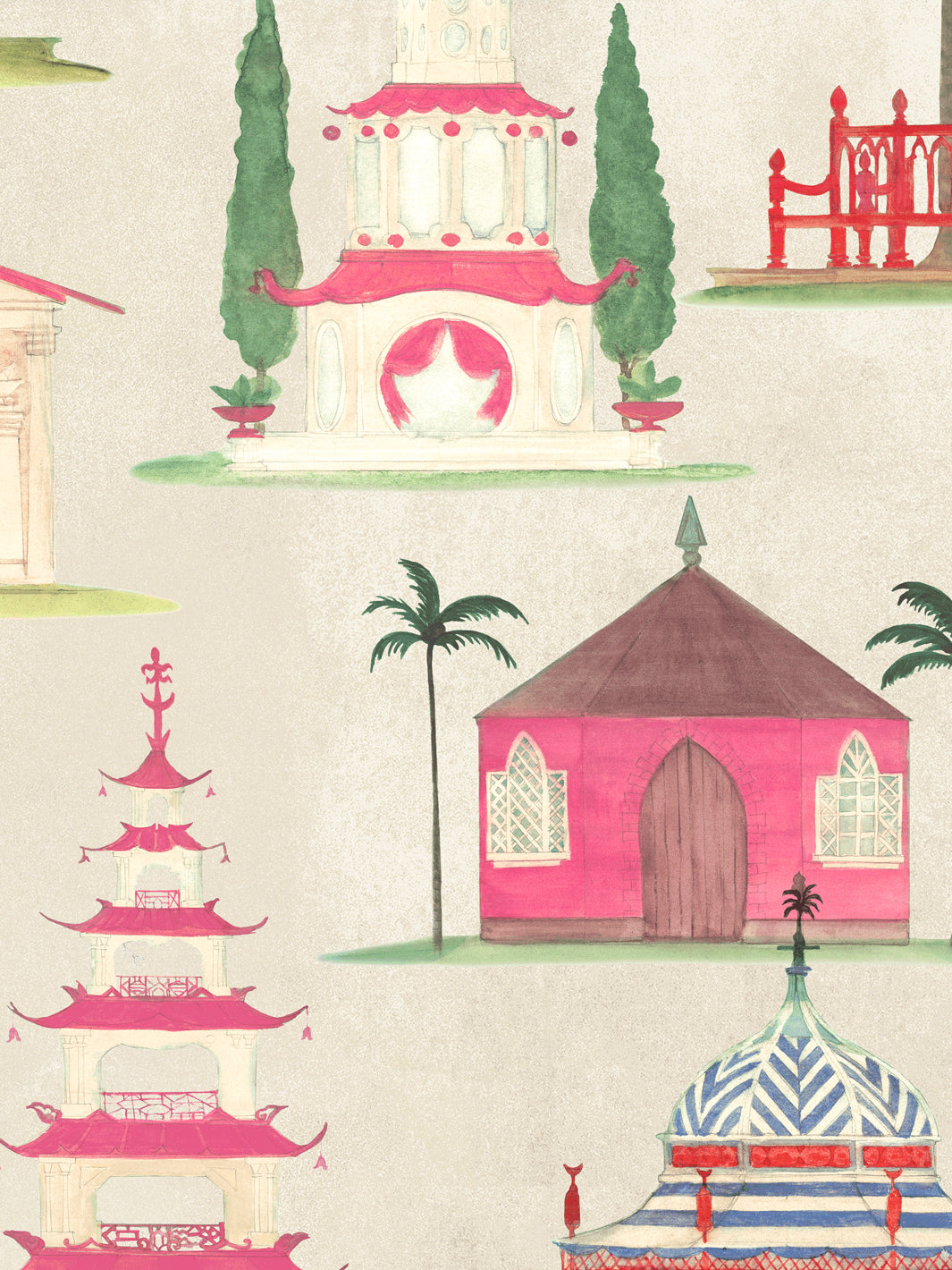 Cream wallpaper with pink temple roof, palms, and red railing accents