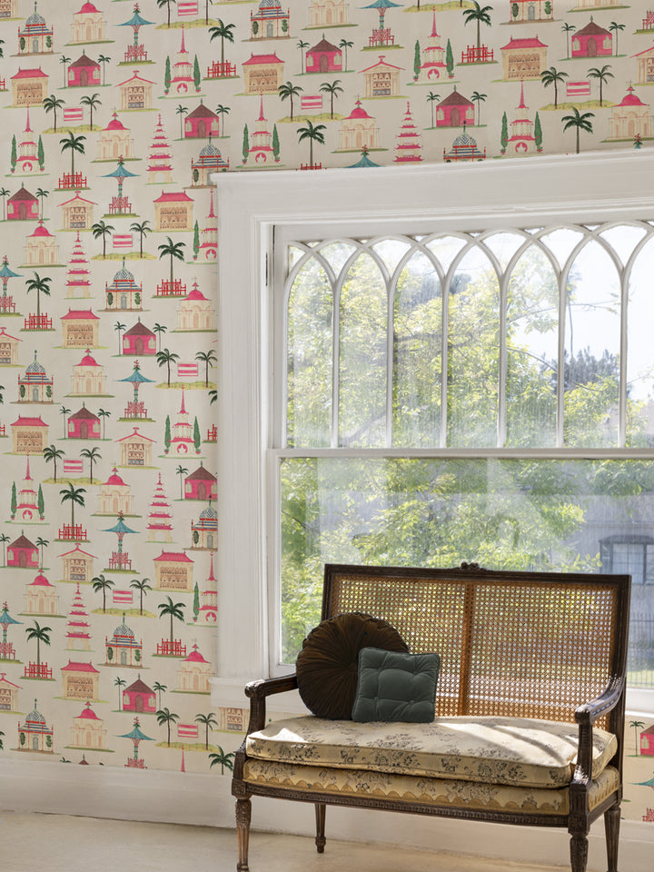 Ivory wallpaper with repeating pagodas, palm trees, and flags; shown on interior wall