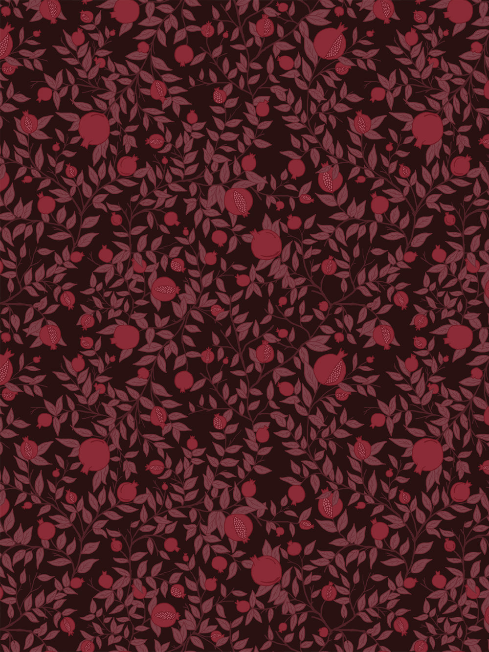 Pomegranate branch wallpaper with crimson fruit and dusty mauve leaves on a near-black brown ground