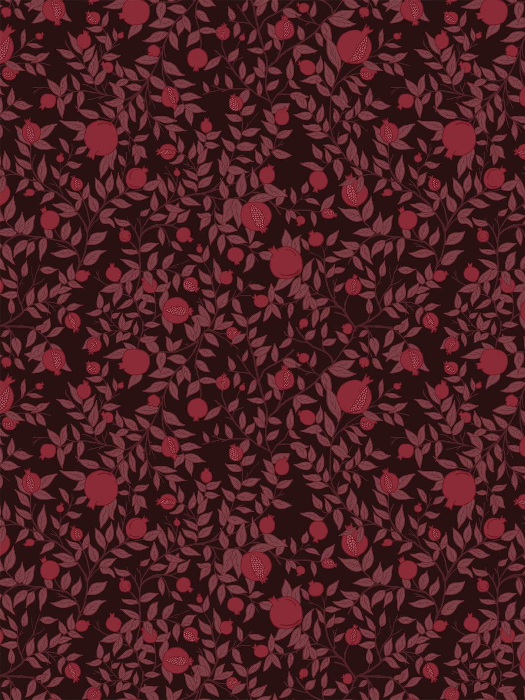 Pomegranate branch wallpaper with crimson fruit and dusty mauve leaves on a near-black brown ground
