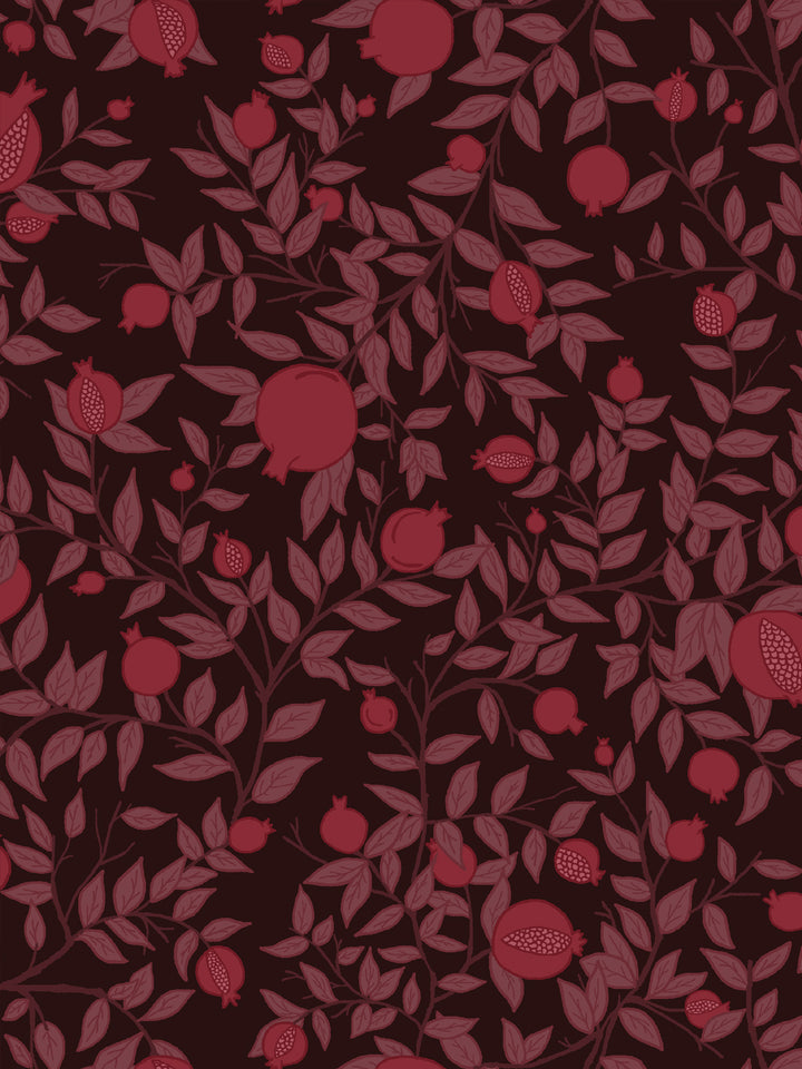 Close crop of crimson garnet red pomegranate fruit on very dark brown-black