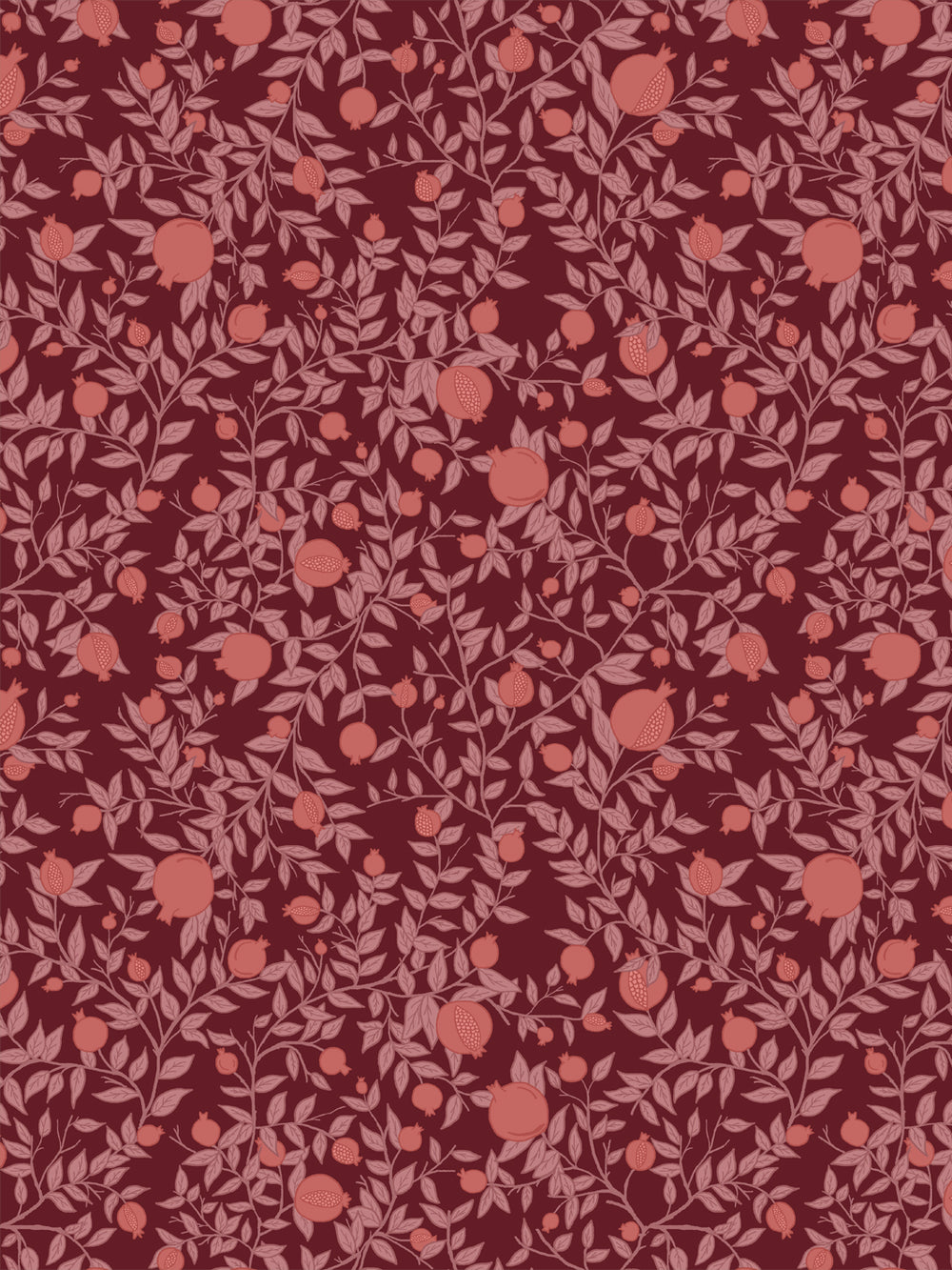 Pomegranate branch wallpaper with coral pink fruit and rose leaves on a deep merlot red ground