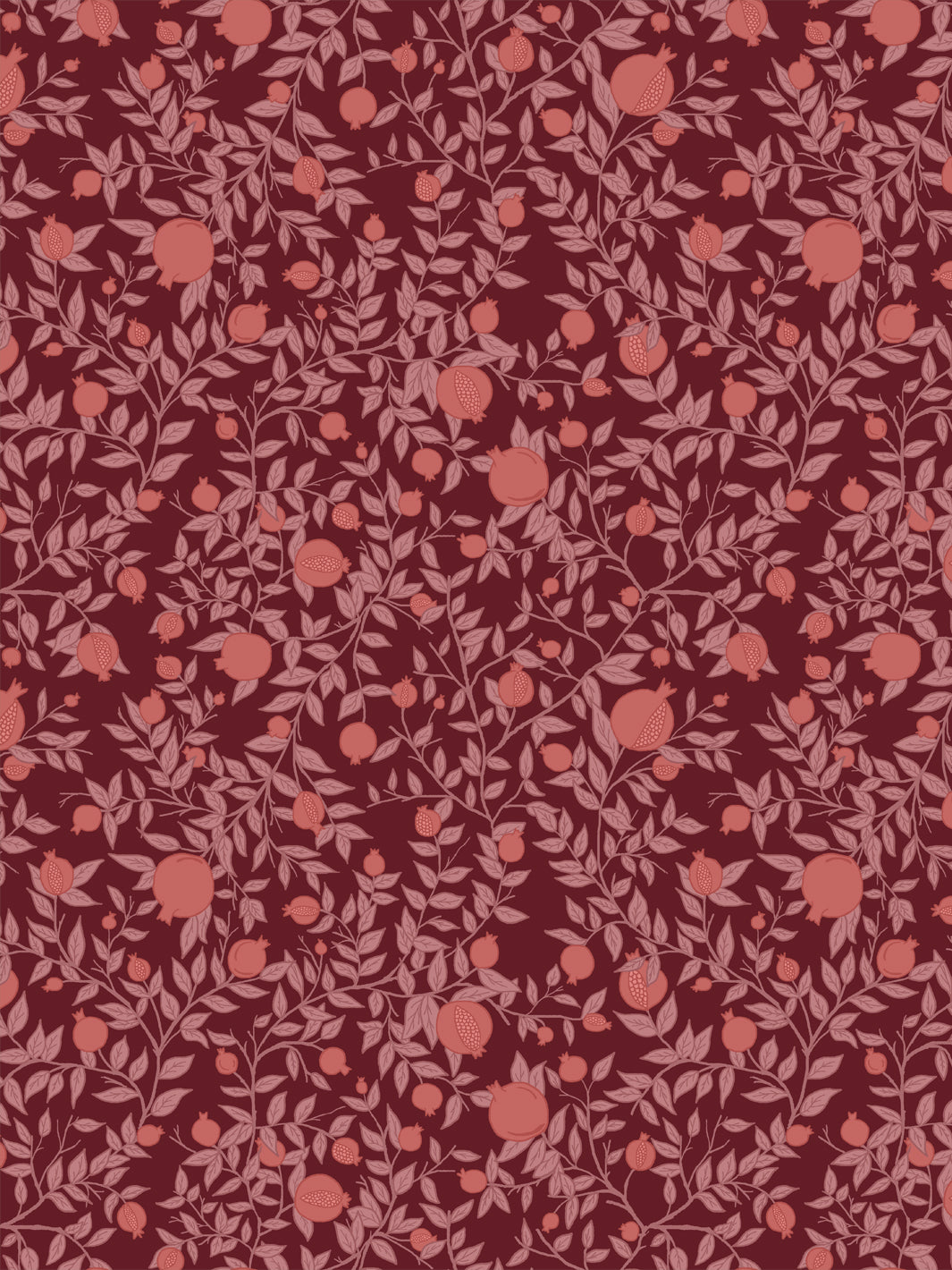 Pomegranate branch wallpaper with coral pink fruit and rose leaves on a deep merlot red ground