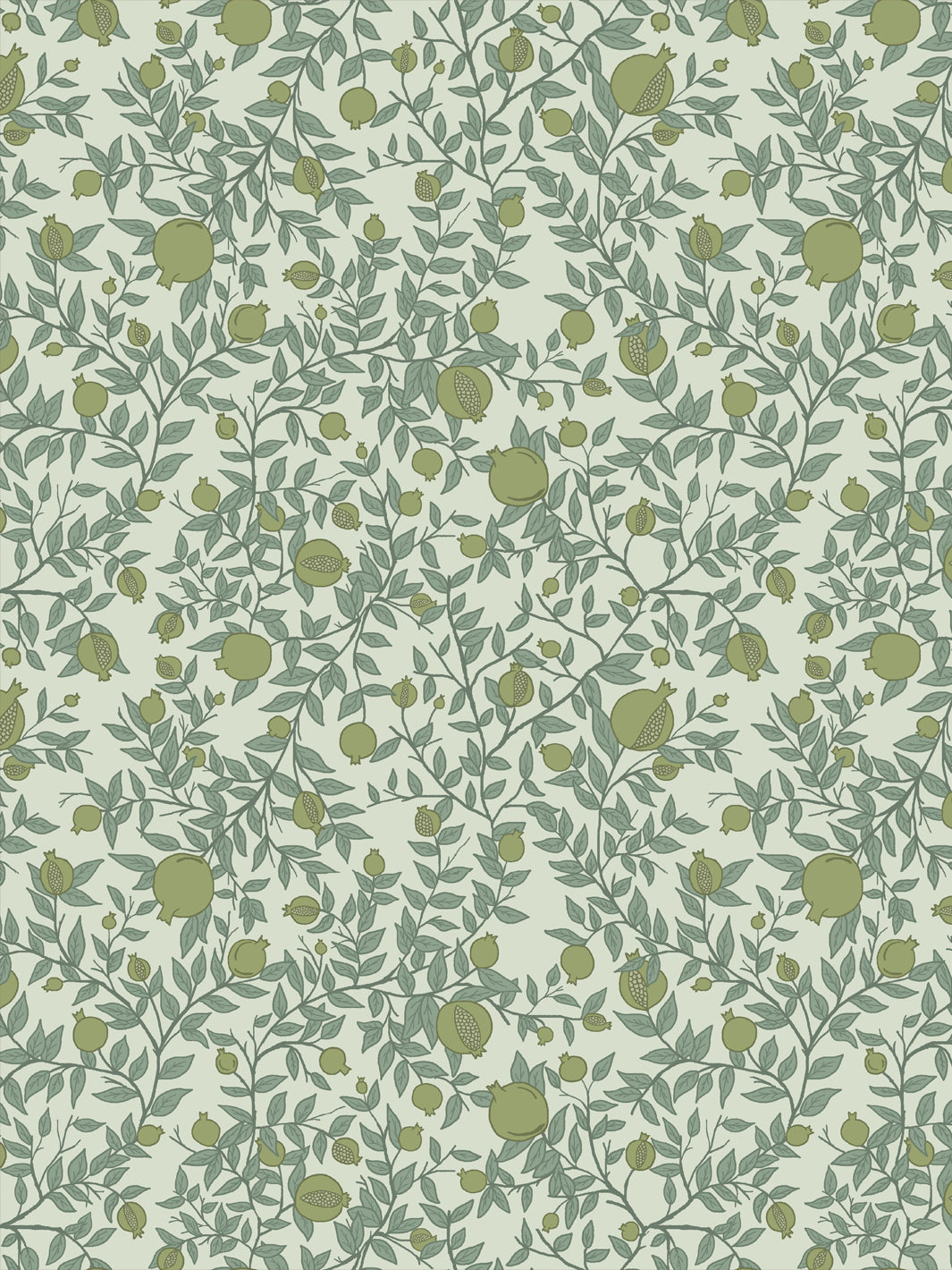 Pomegranate branch wallpaper with olive fruit and sage leaves on a pale mint green ground