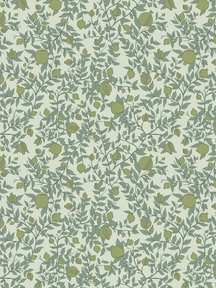 Pomegranate branch wallpaper with olive fruit and sage leaves on a pale mint green ground