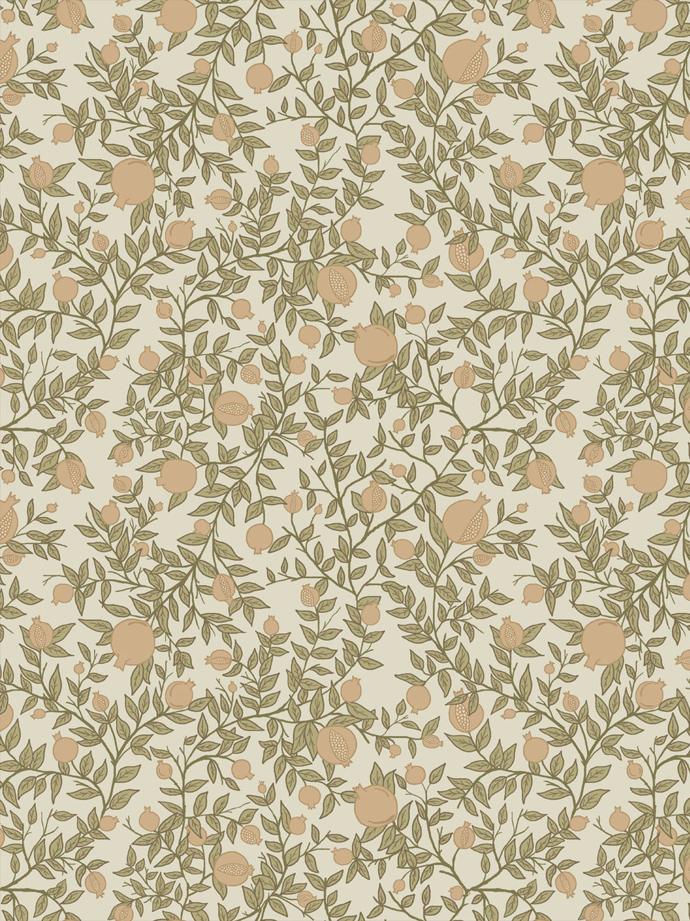 Pomegranate branch wallpaper with tan fruit and olive green leaves on a warm cream ground