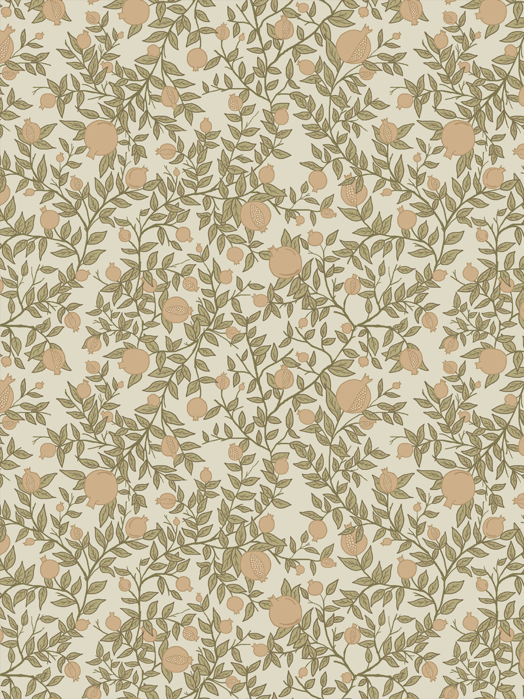 Pomegranate branch wallpaper with tan fruit and olive green leaves on a warm cream ground