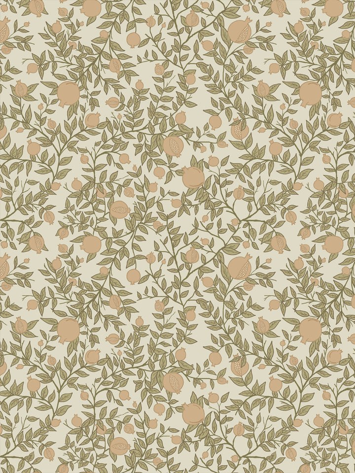 Pomegranate branch wallpaper with tan fruit and olive green leaves on a warm cream ground