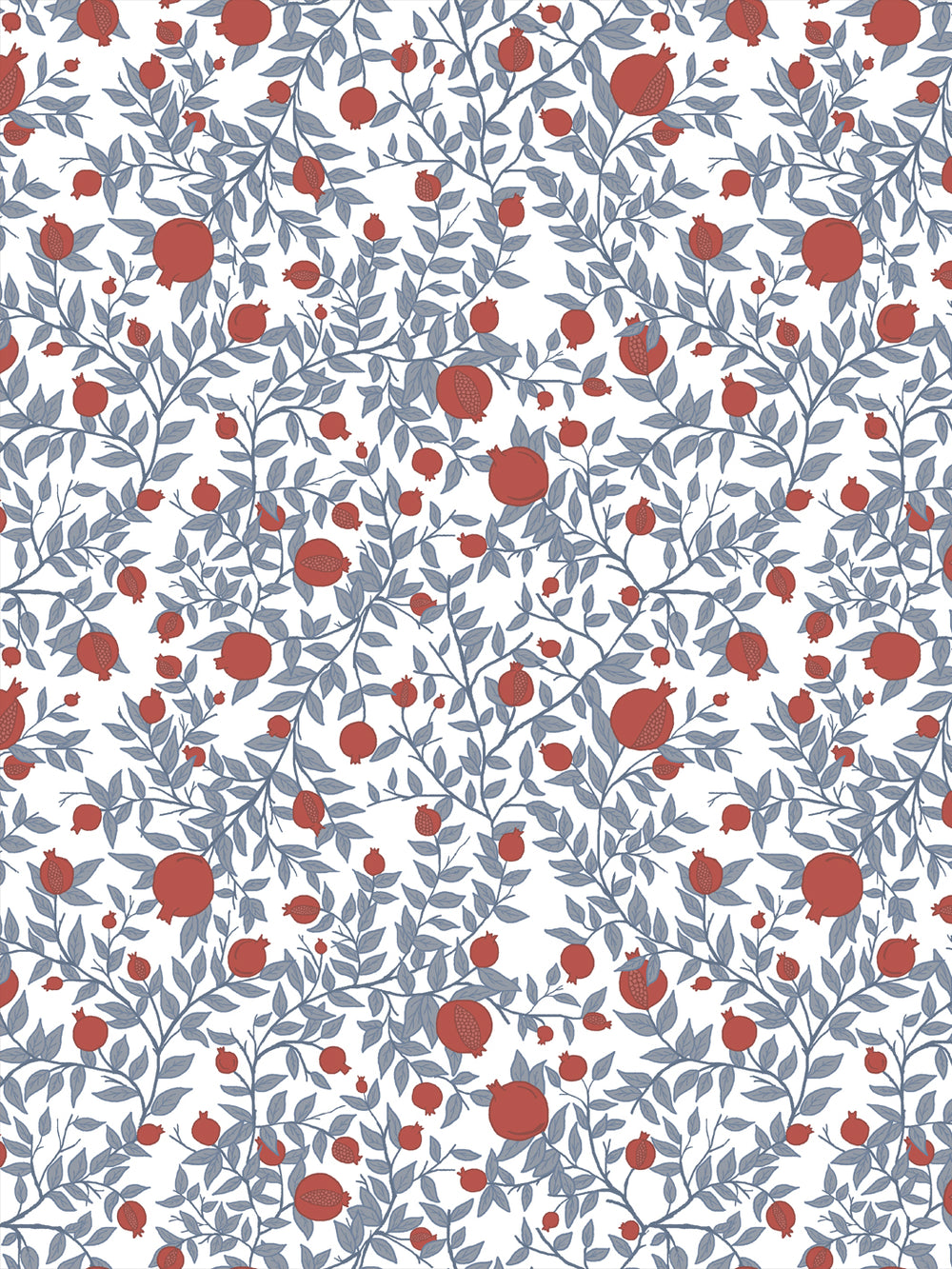Pomegranate branch wallpaper with brick red fruit and slate blue leaves on a white ground