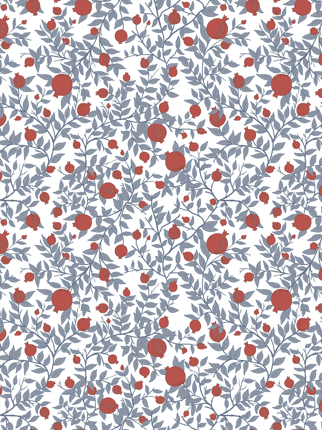 Pomegranate branch wallpaper with brick red fruit and slate blue leaves on a white ground