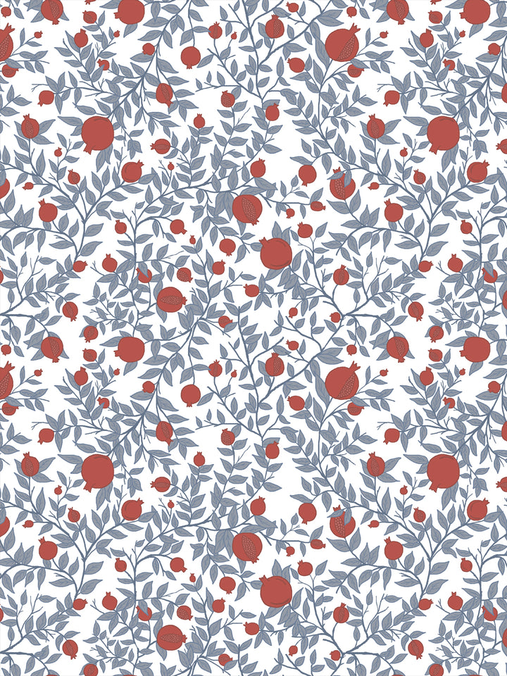 Wallpaper pattern repeat with scattered red pomegranates and blue botanical sprigs