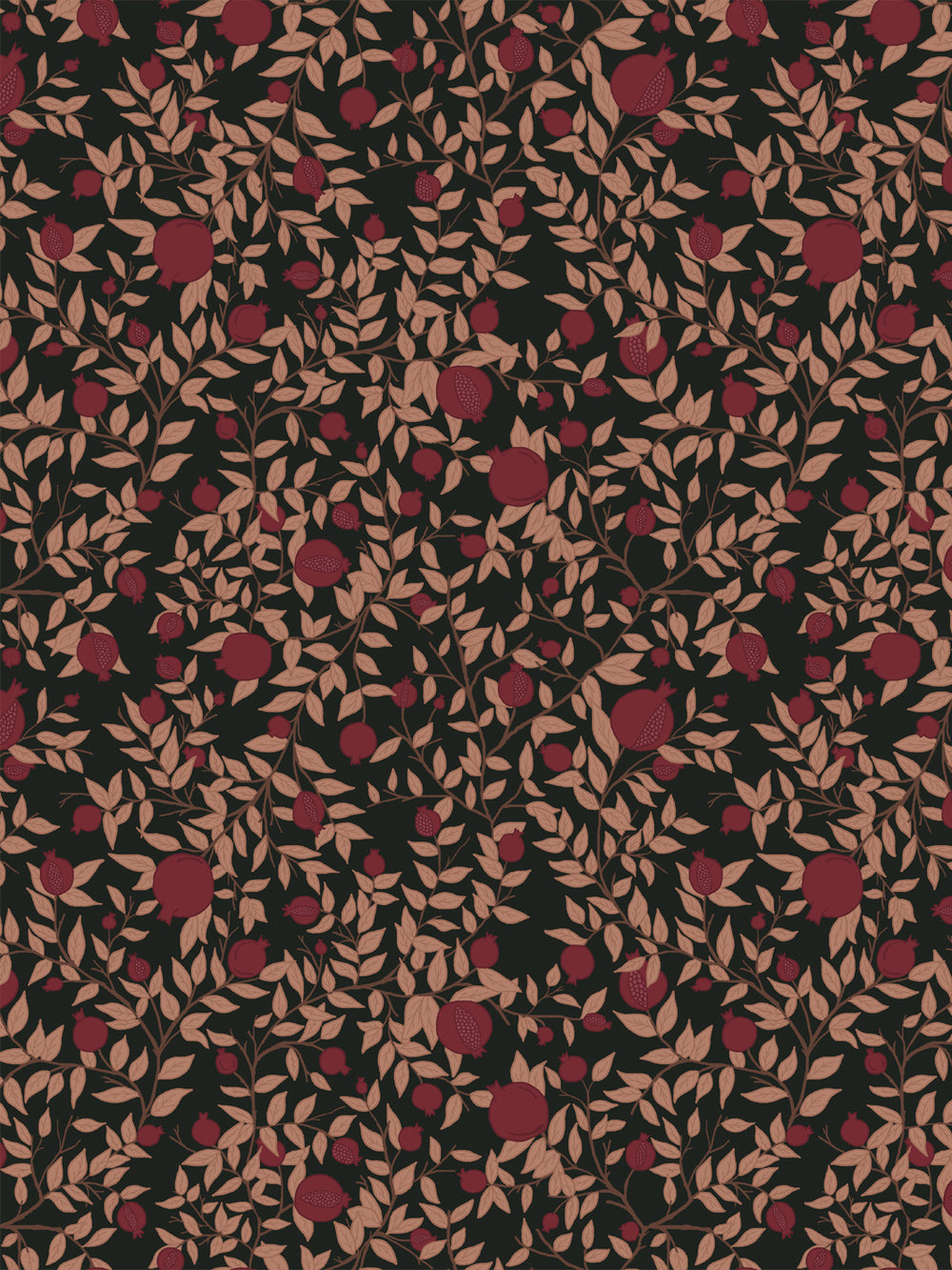 Pomegranate branch wallpaper with garnet fruit and blush-tan leaves on a black ground