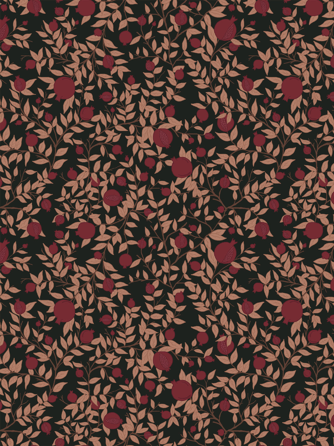 Pomegranate branch wallpaper with garnet fruit and blush-tan leaves on a black ground