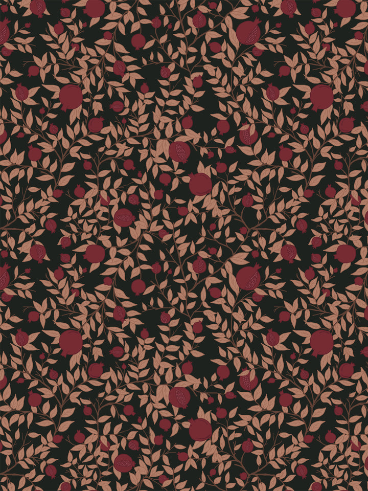 Pomegranate branch wallpaper with garnet fruit and blush-tan leaves on a black ground