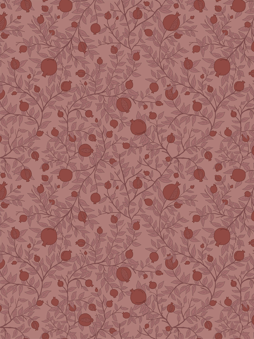 Tonal pomegranate branch wallpaper with oxblood fruit and rose leaves on a dusty pink ground