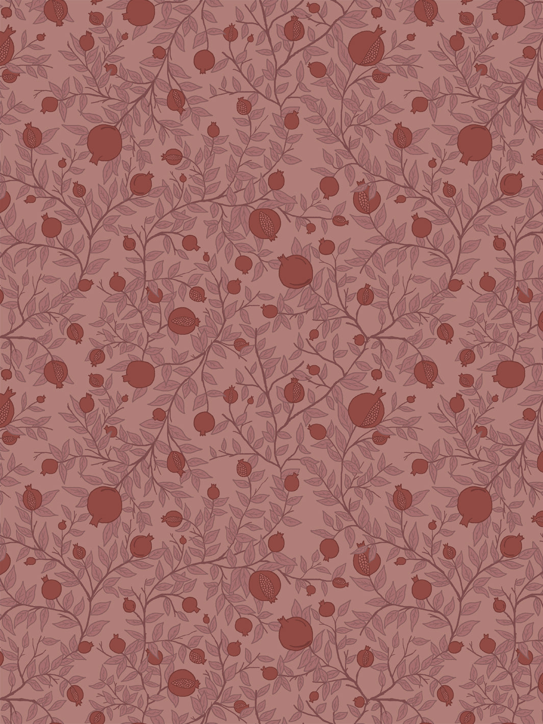 Tonal pomegranate branch wallpaper with oxblood fruit and rose leaves on a dusty pink ground