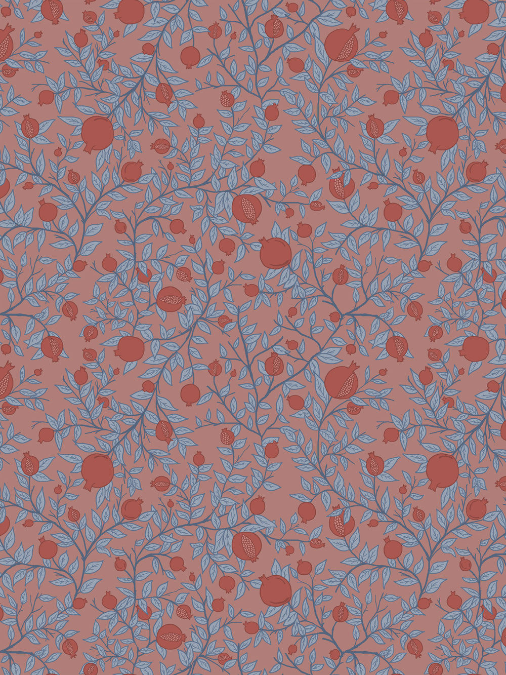 Pomegranate branch wallpaper with rust red fruit and powder blue leaves on a dusty clay pink ground