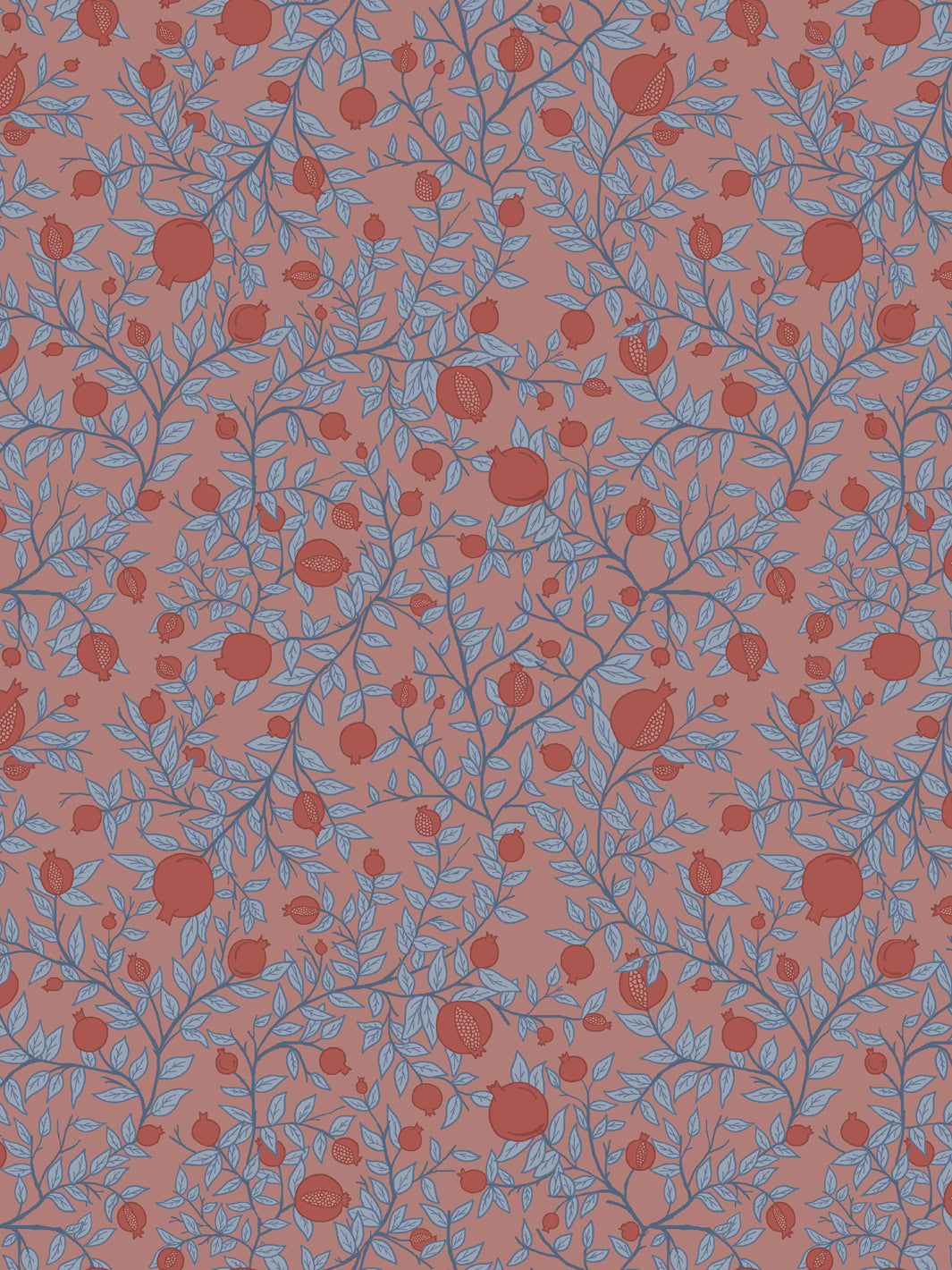 Pomegranate branch wallpaper with rust red fruit and powder blue leaves on a dusty clay pink ground