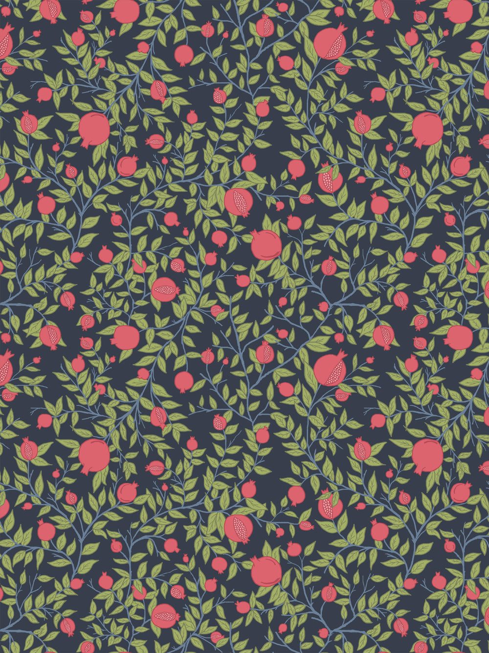 Pomegranate branch wallpaper with raspberry fruit and bright green leaves on a dark navy ground