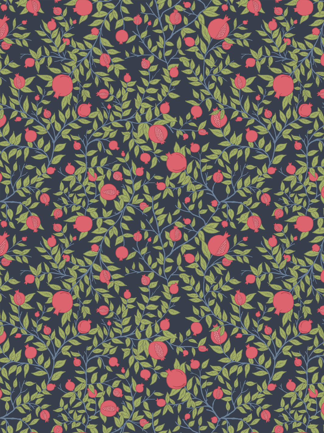 Pomegranate branch wallpaper with raspberry fruit and bright green leaves on a dark navy ground
