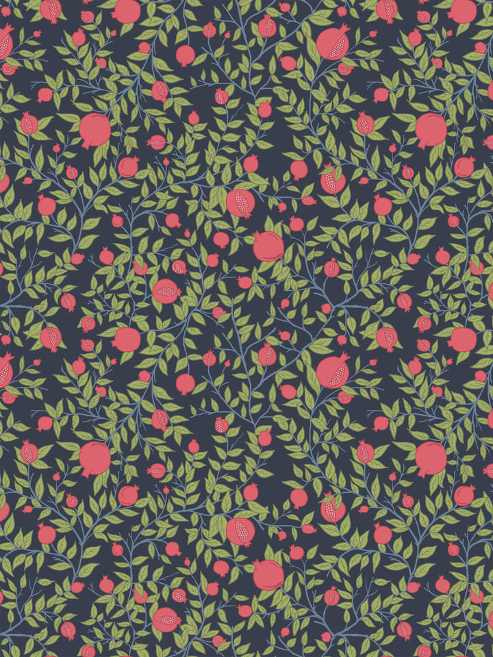Pomegranate branch wallpaper with raspberry fruit and bright green leaves on a dark navy ground