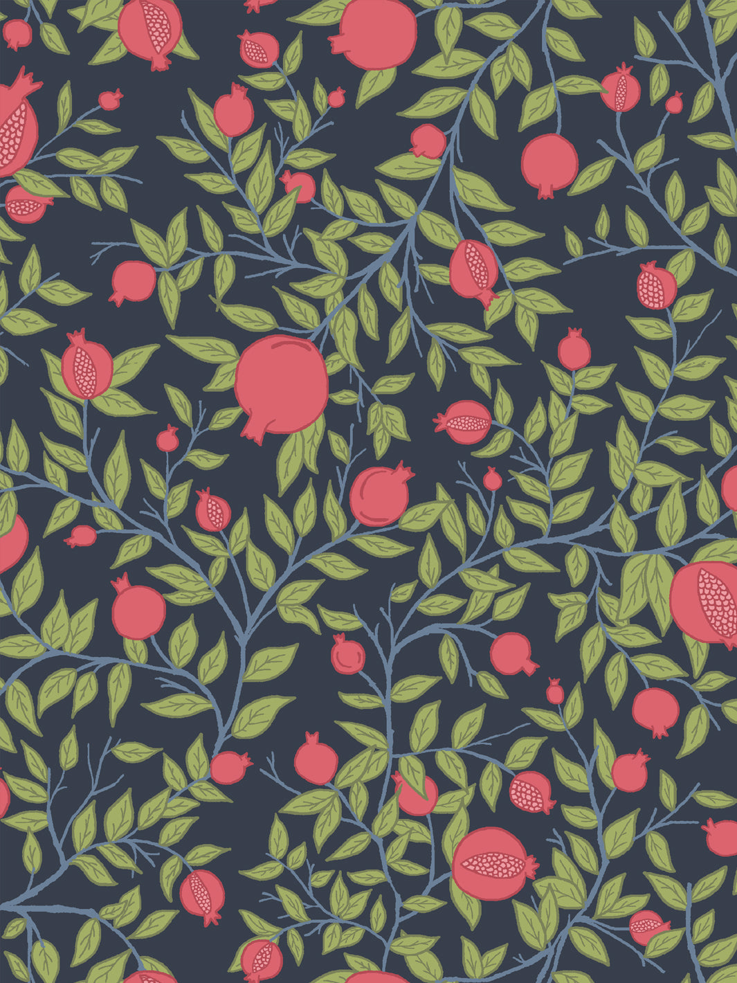 Close crop of raspberry crimson pomegranate fruit on dark navy ink blue